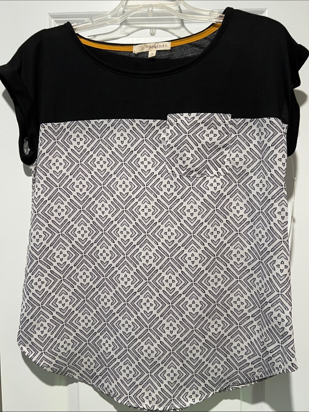 Rewind Black and White Geometric Short Sleeve Blouse